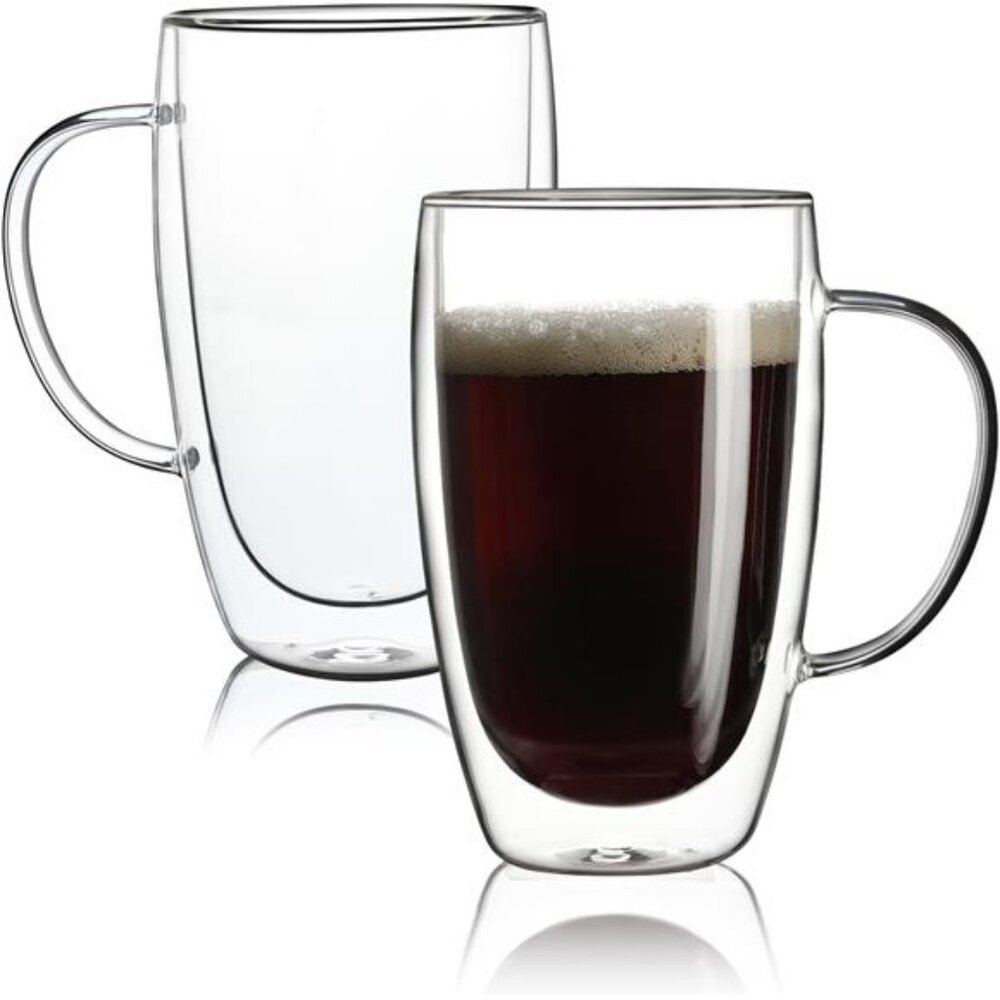 2 Pack Double Walled Glass Coffee Mugs with Handles, Large Insulated 15oz
